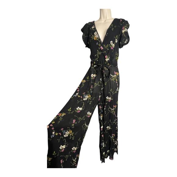 Urban Outfitters Marie Prairie Floral Wrap Jumpsuit Black 4 Boho wide leg Sheer - Picture 4 of 10
